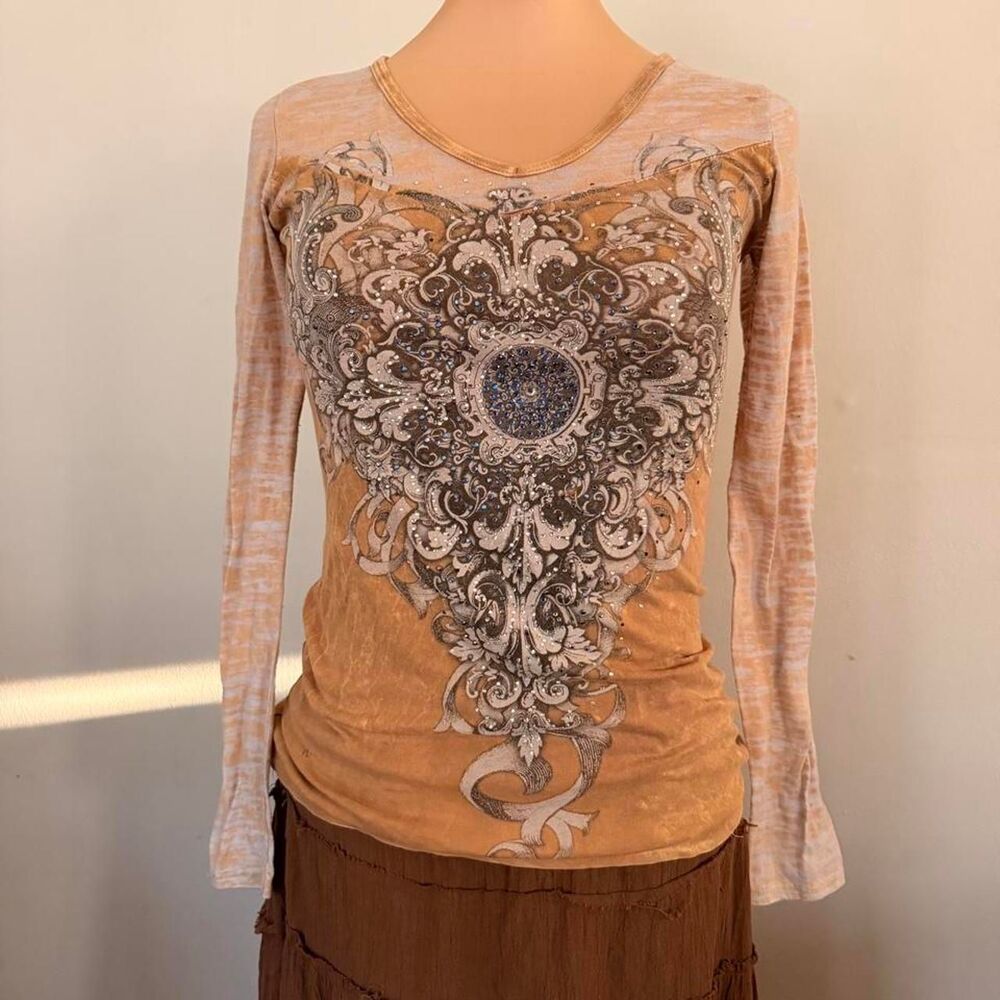 Y2K Vocal Tan Rhinestone Baroque Long Sleeve Top Size S